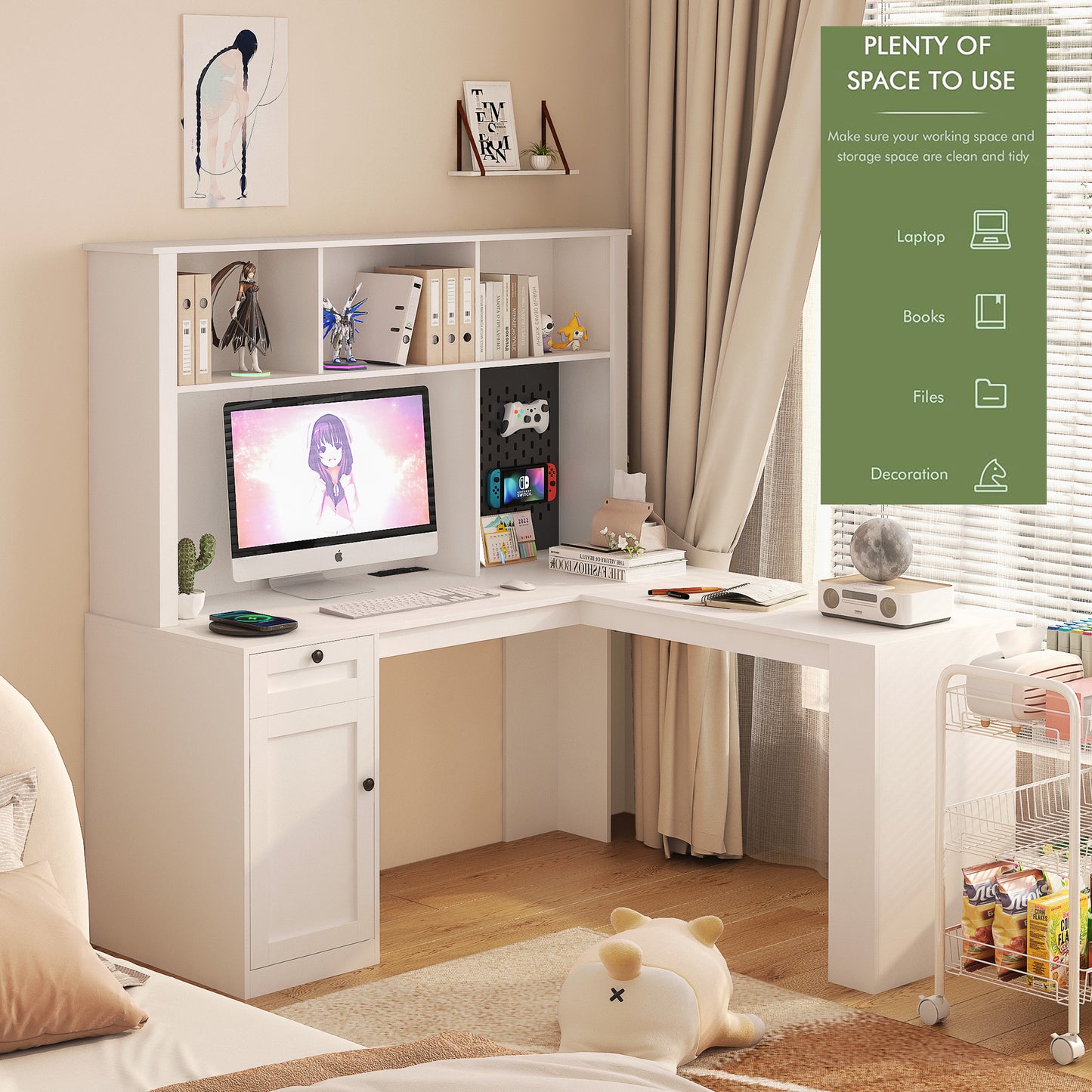 Corner gaming computer desk with socket, drawers, bookshelf and writing desk, modern L-shaped learning desk with storage space