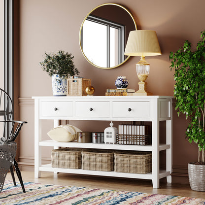 Retro Design Console Table with Two Open Shelves, Pine Solid Wood Frame and Legs, Antique White Finish