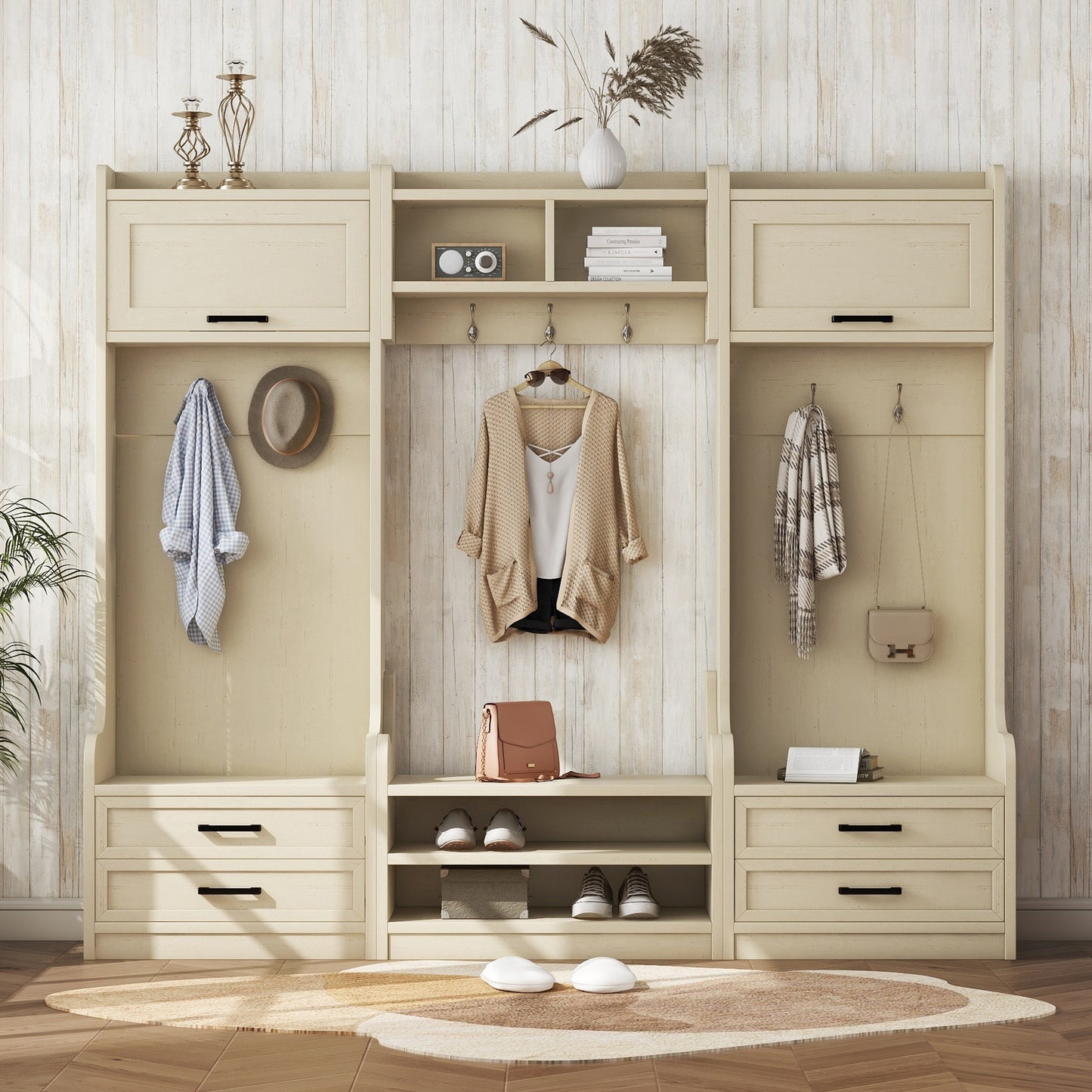 Four in one detachable hall tree with drawers and cabinets, 7 hooks, multifunctional corridor hangers, antique beige shoe stools