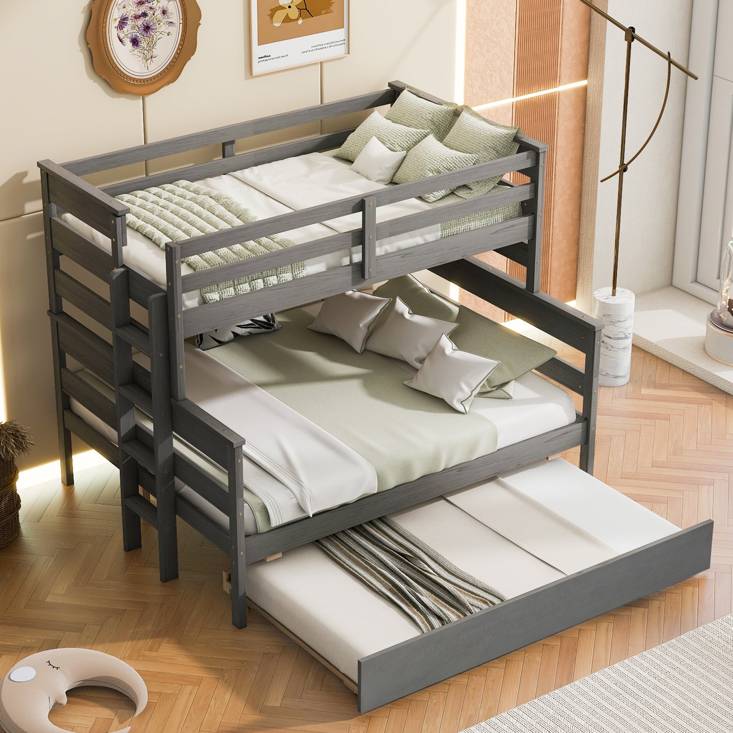 Wood Twin over Full Bunk Bed with Twin Size Trundle  Gray