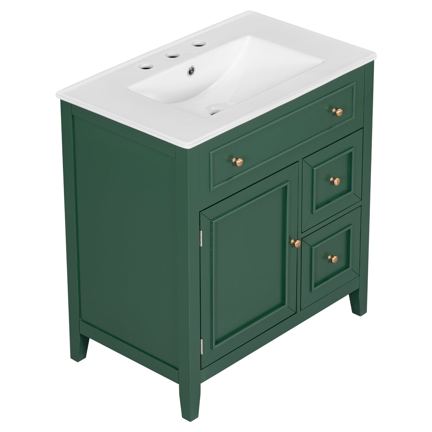 Mueble de baño de 30" con encimera de lavabo, armario de madera maciza con puerta y dos cajones, color verde