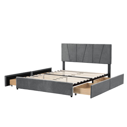 Queen Upholstered Platform Bed with Drawers Gray