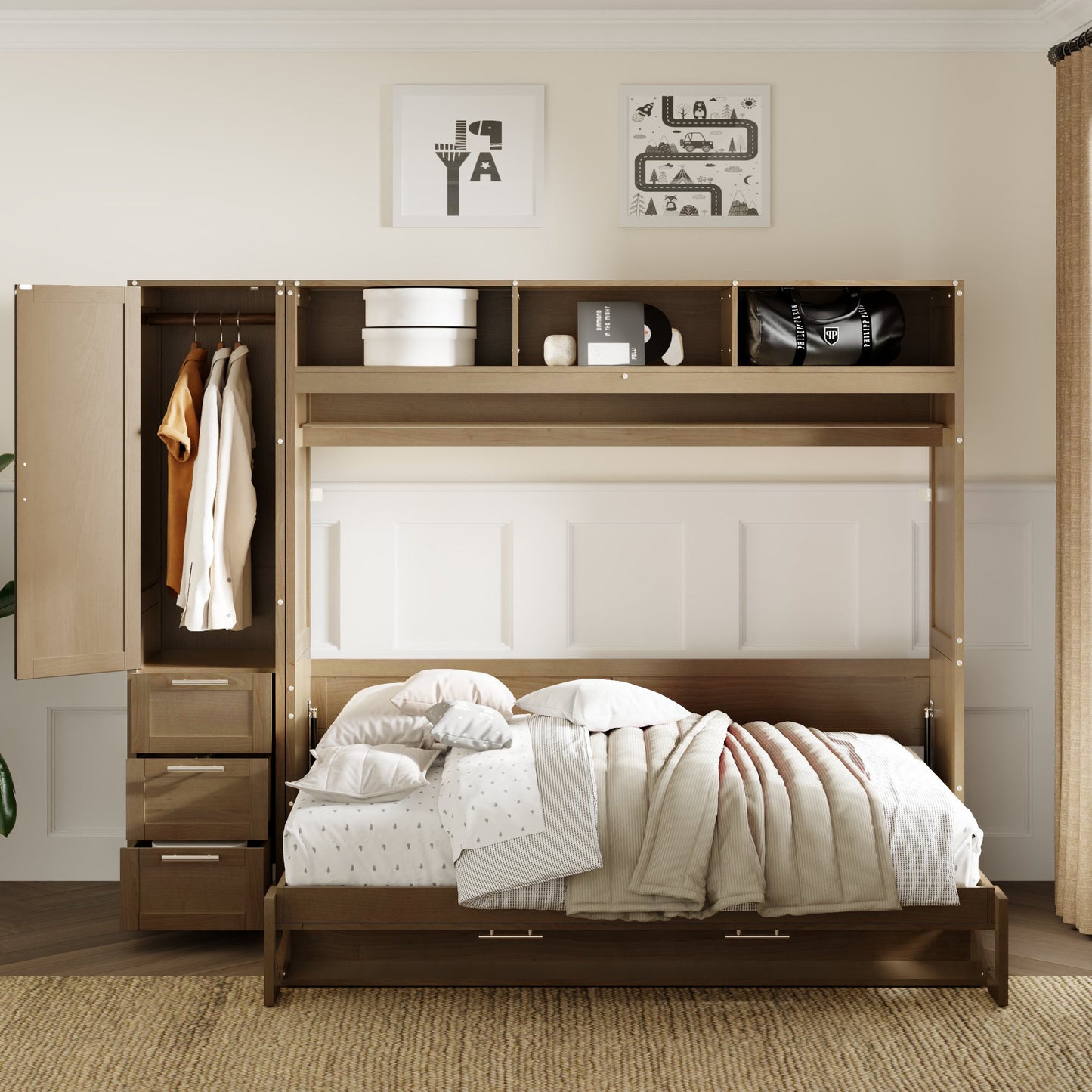 Full Size Murphy Bed with Wardrobe, Drawers, and Open Shelves, Antique Grey Finish for Functional Bedrooms