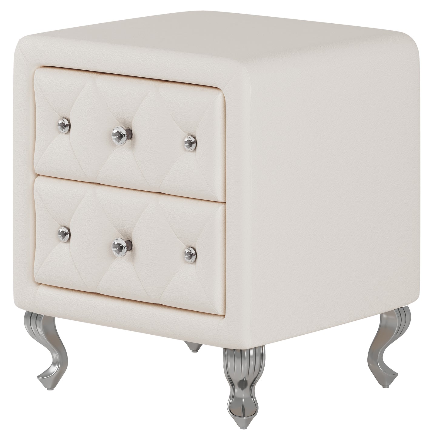 Elegant PU bedside table with 2 drawers and crystal handles, storage with metal legs - white