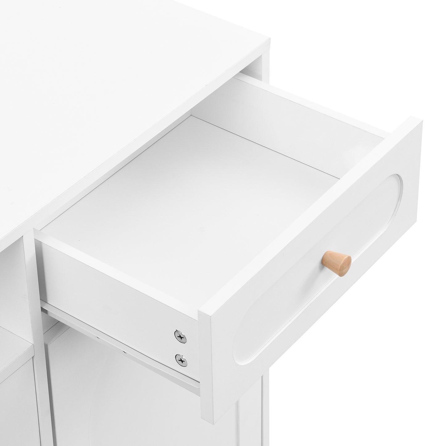 ON-TRANS Elegant Shoe Cabinet with Arched Doors and Drawers, Storage Side Panels, Adjustable Shelves and Solid Wood Legs, White