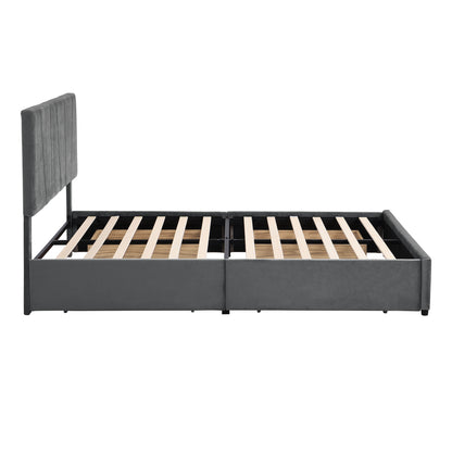 Queen Upholstered Platform Bed with Drawers Gray