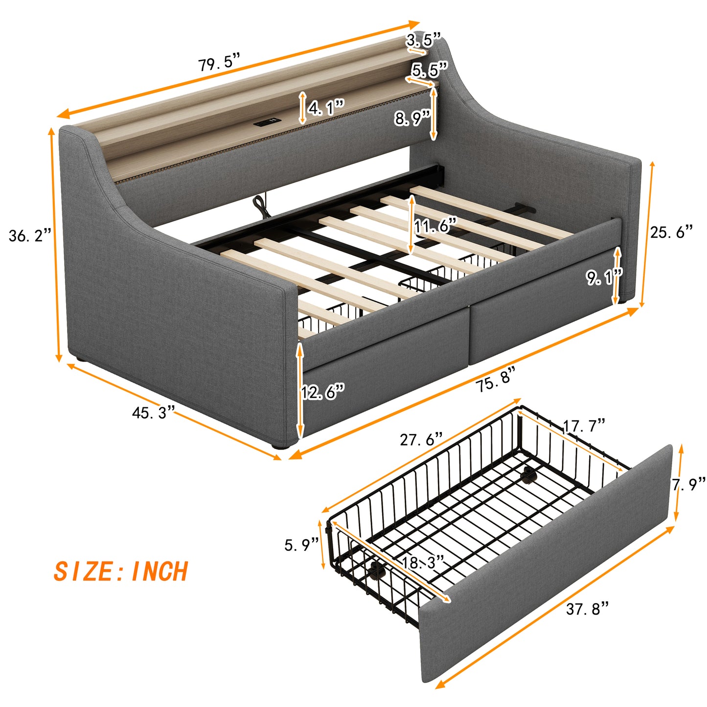 Twin Size Daybed with Storage Drawers, Upholstered Daybed with Charging Station and LED Lights, Gray