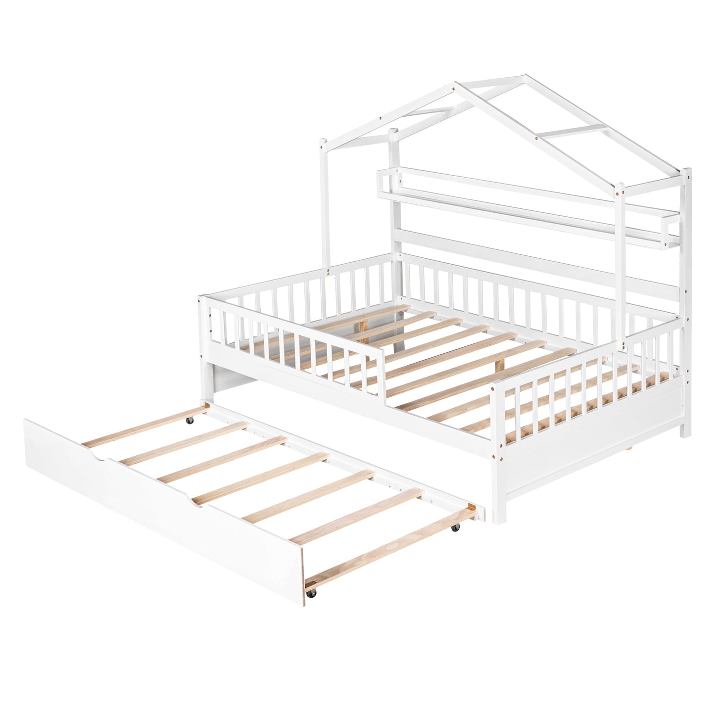 Wooden Full Size House Bed with Twin Size Trundle Kids Bed with Shelf White