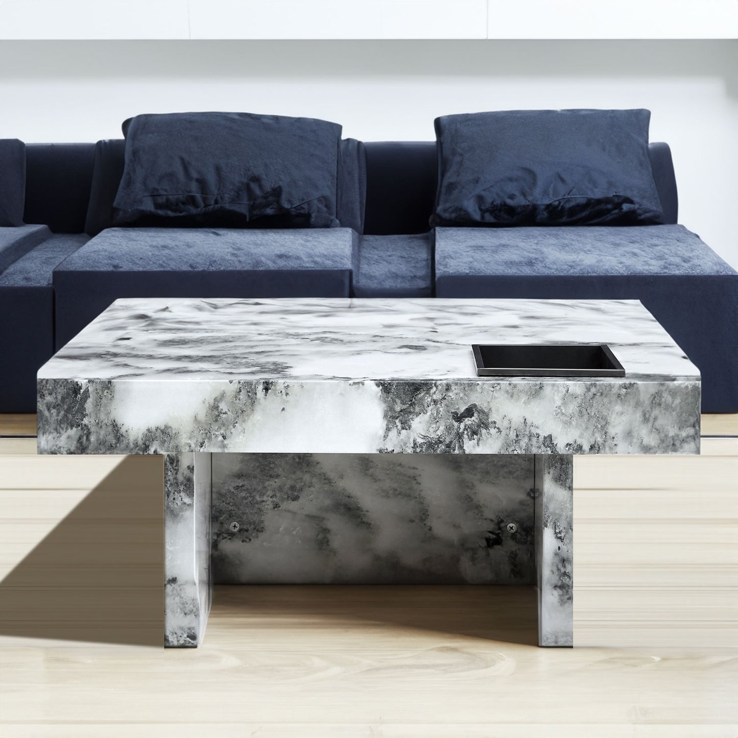 A modern and practical coffee table black and white in imitation marble pattern made of MDF material