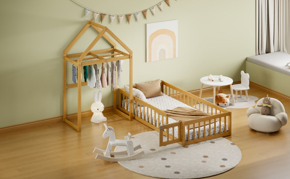 Wooden Twin Size Children's Bed with Detachable Headboard and Integrated Clothes Drying Rack, Natural