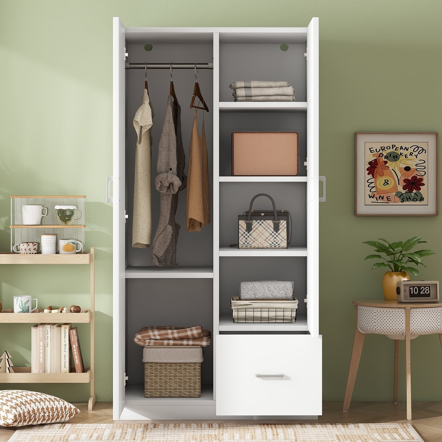 Wooden Wardrobe with Double Doors, Armoire with Hanging Rod, 5 Fixed Shelves, and 1 Drawer, White