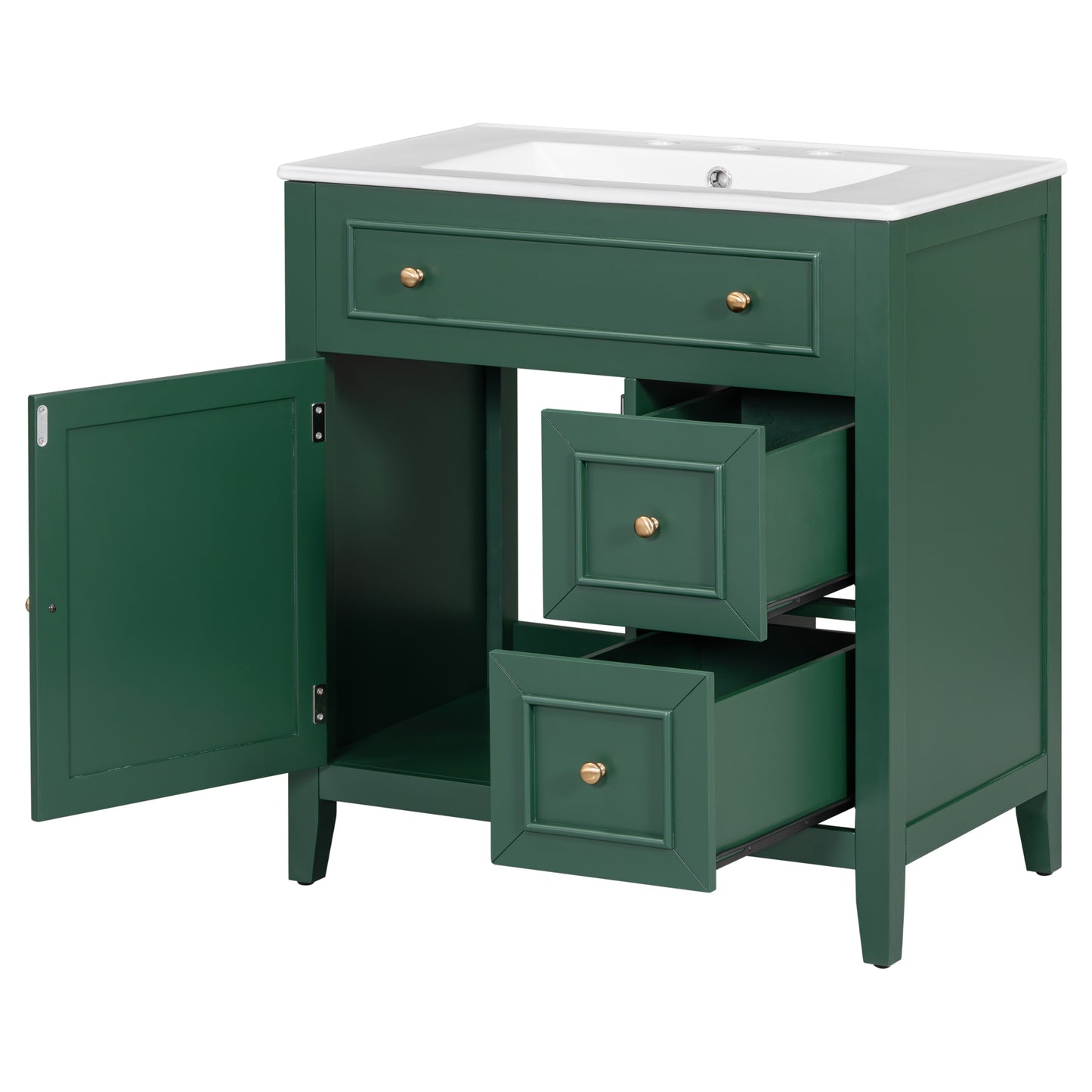 Mueble de baño de 30" con encimera de lavabo, armario de madera maciza con puerta y dos cajones, color verde