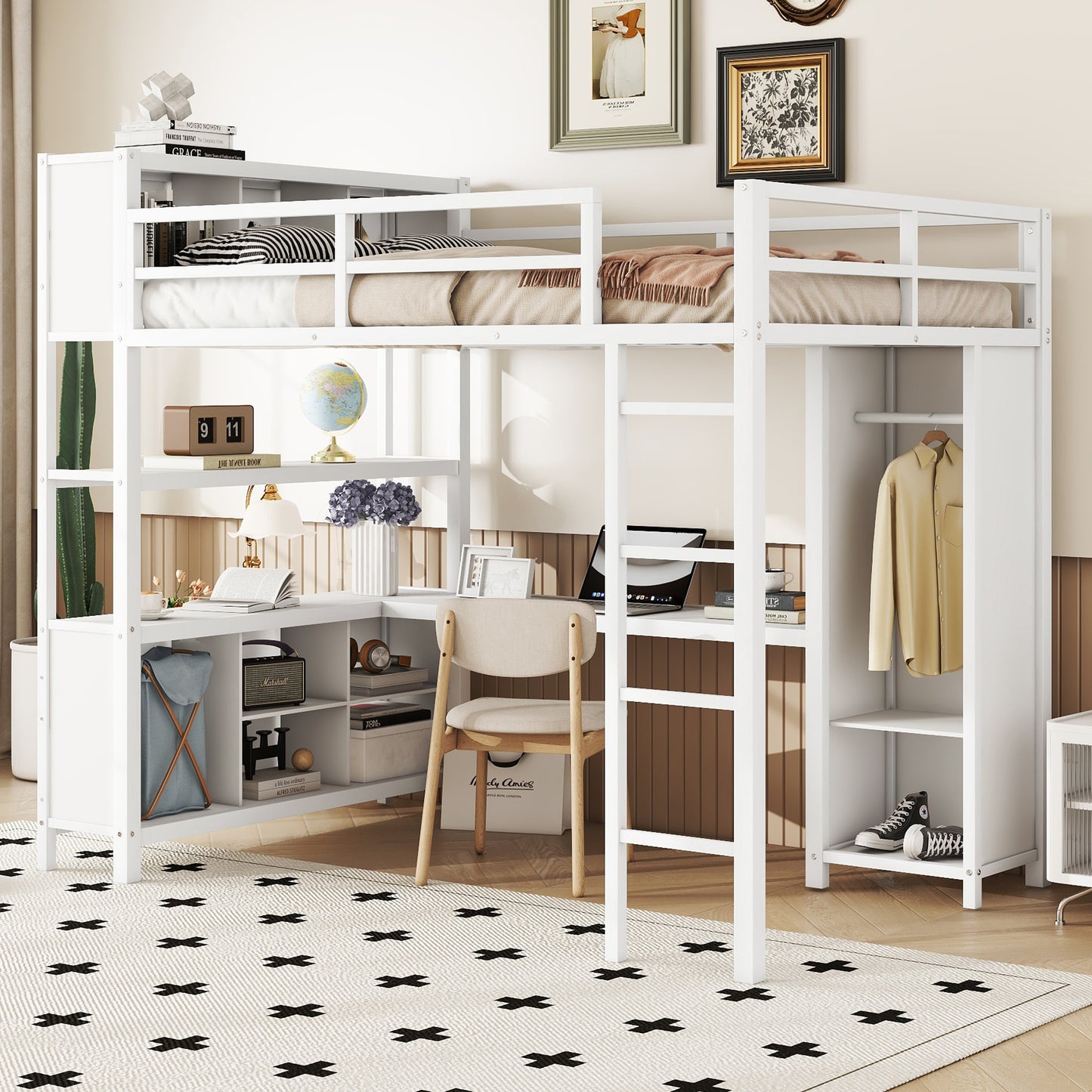 Metal loft bed with wardrobe and L-shaped desk, full-size loft bed with storage cabinet and shelf, white