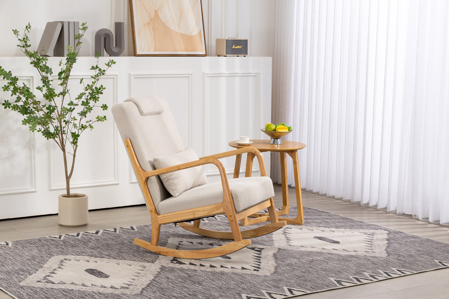 Rocking Chair Upholstered Fabric Rocking Armchair Indoor with High Backrest Glider Chairs and Lumbar Pillow for Living Room