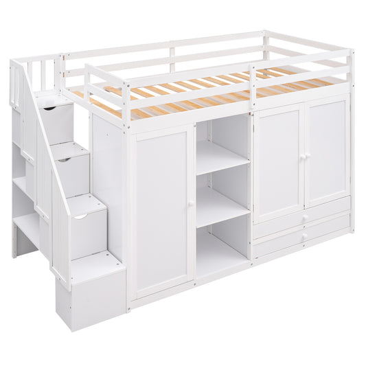 Functional Loft Bed with 3 Shelves, 2 Wardrobes and 2 Drawers, Ladder with Storage, No Box Spring Needed, White