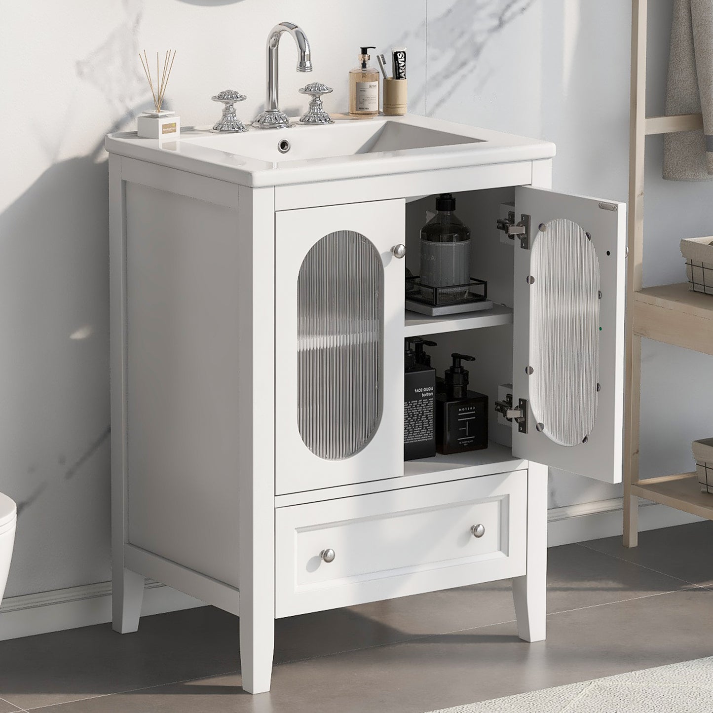 Bathroom Vanity with Sink, Bathroom Vanity Cabinet with One Drawer and Doors, Adjustable Shelf, Solid Wood and MDF, White