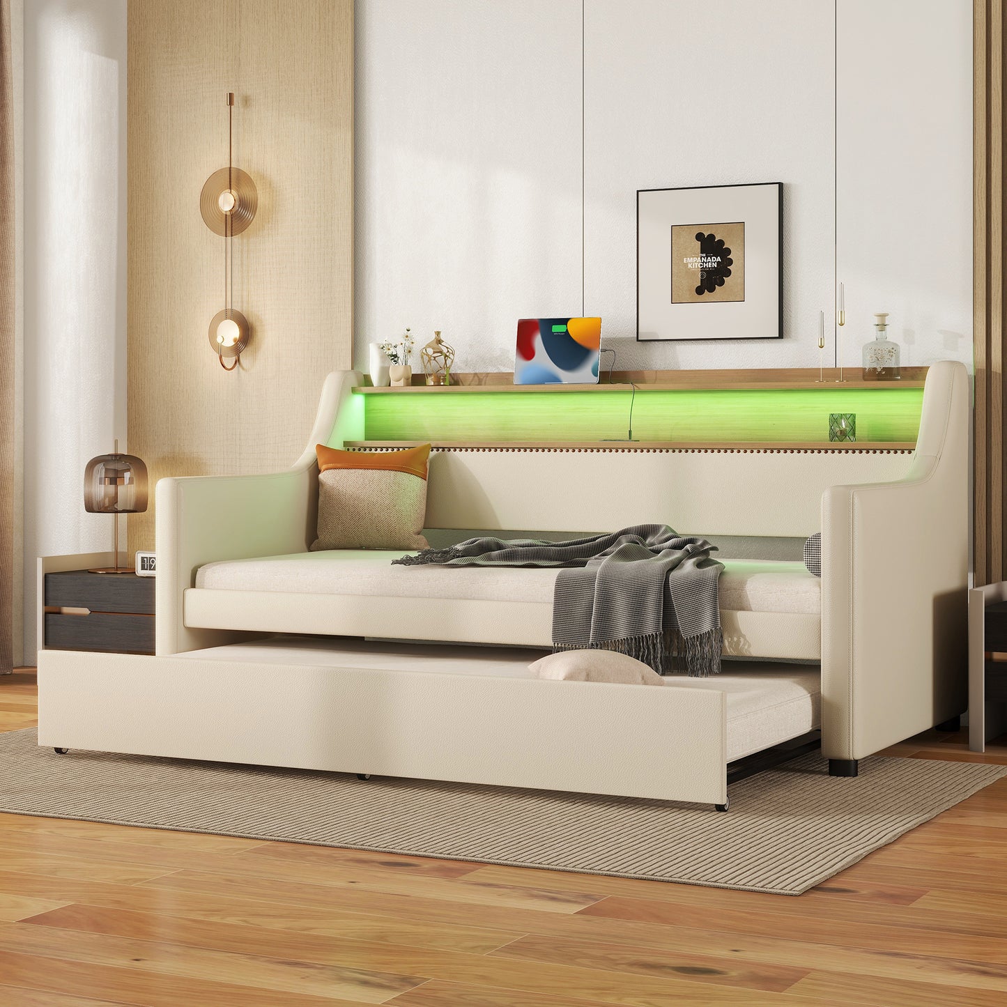 Twin Size Daybed with Trundle, Upholstered Daybed with Charging Station and LED Lights, Beige