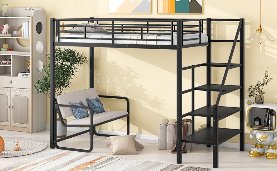 Twin Size Metal Loft Bed with Bench and Storage Staircase  Black