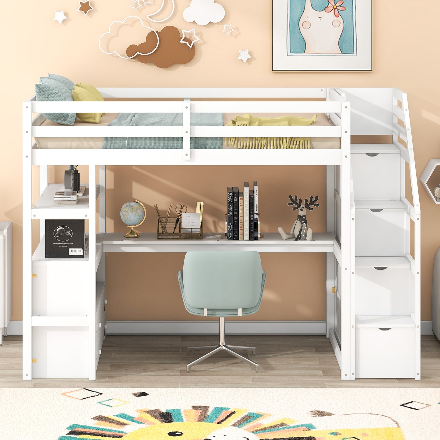 Twin Size Loft Bed with Desk and Shelves  Two Built-in Drawers  Storage Staircase White