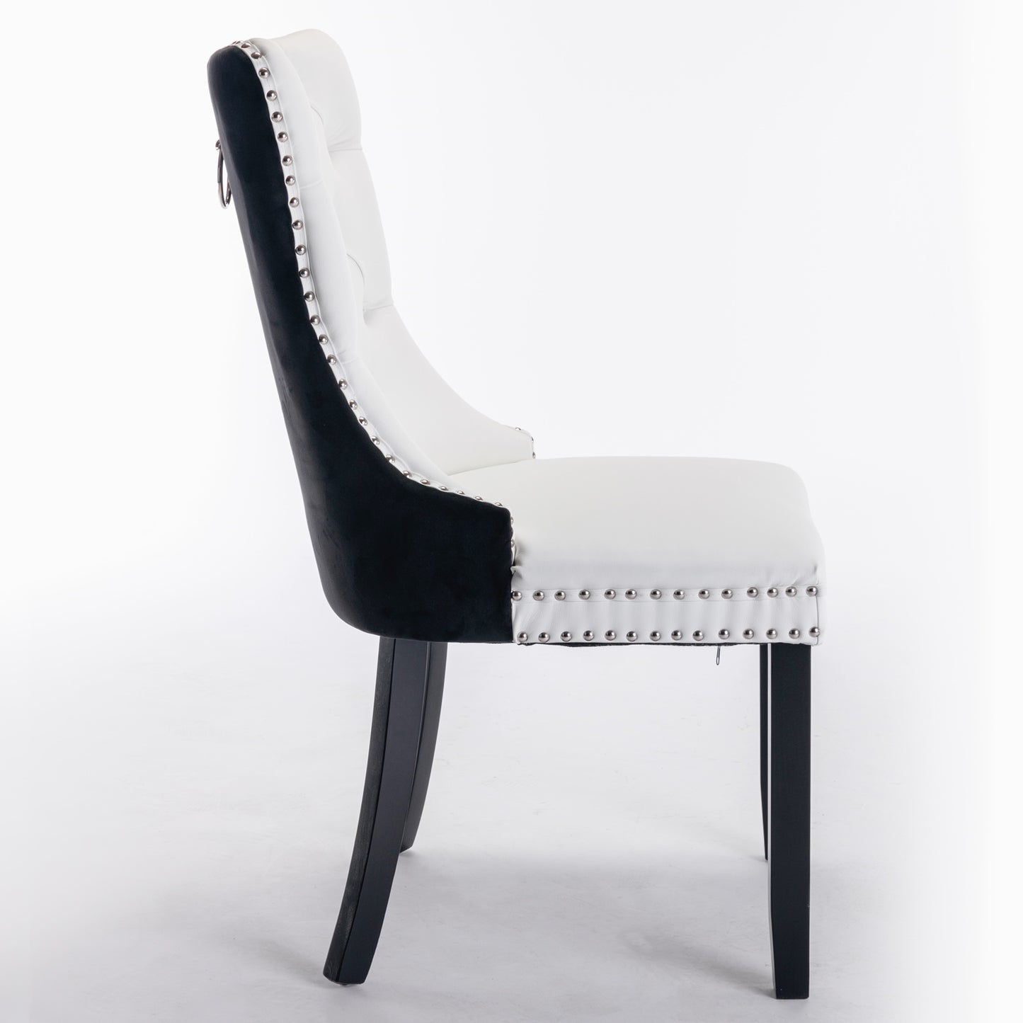 Tufted solid wood PU and velvet cushioned dining chairs with wooden leg nail head decoration 2-piece set in white and black