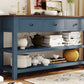 Retro Design Console Table with Two Open Shelves, Pine Solid Wood Frame and Legs for Living Room (Antique Navy+Espresso)