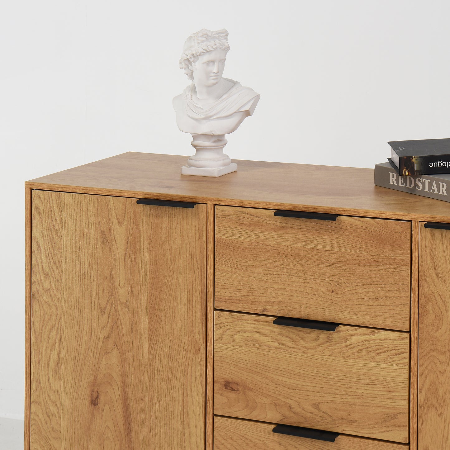 Side Panel Buffet Cabinet with 3 Drawers and 2 Doors, Natural Wood Finish for Kitchens and Dining Rooms