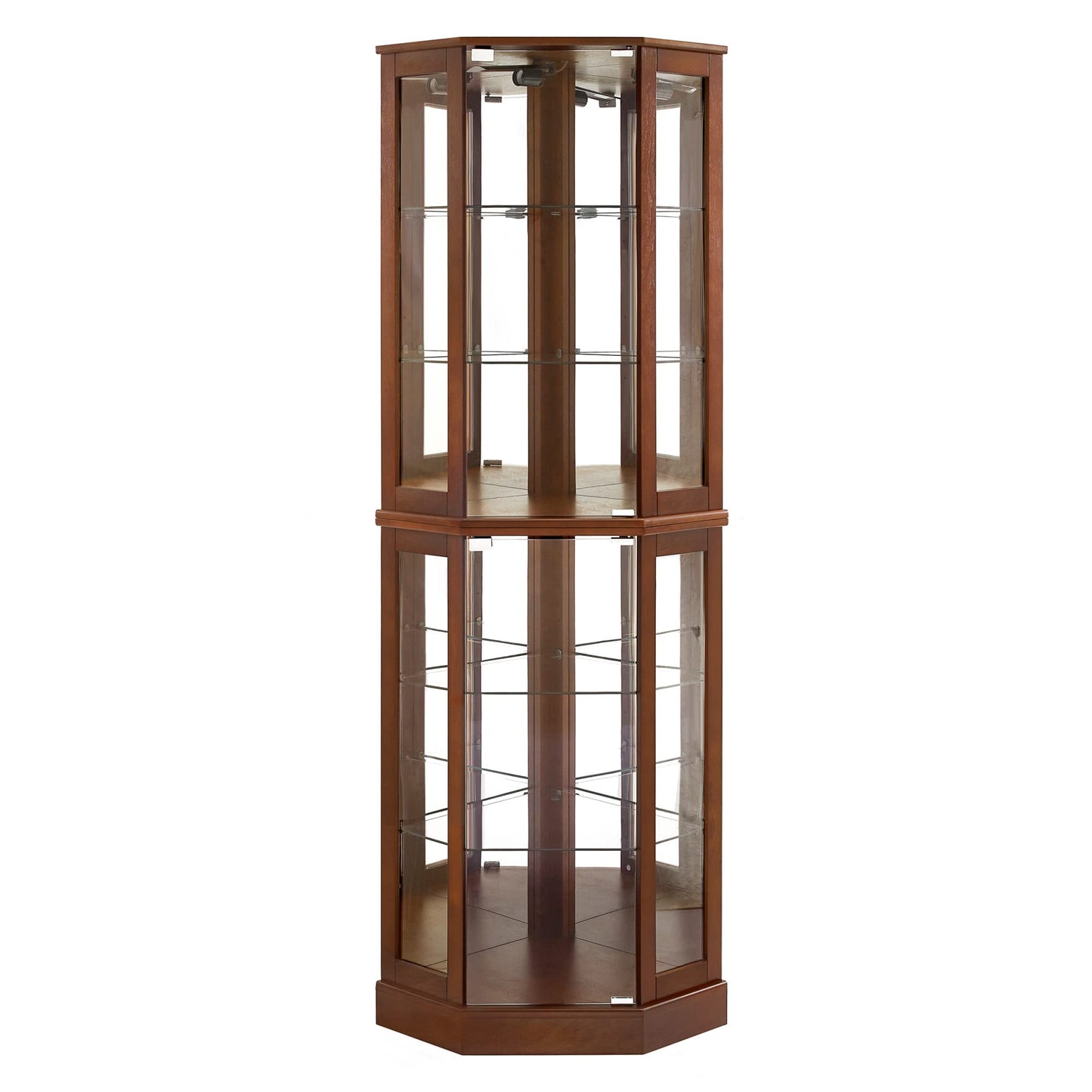 6 shelves corner Curio display cabinet with light mirror and adjustable shelves, walnut wood (excluding E26 light bulbs)