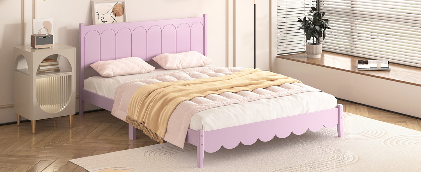 Queen Size Wood Platform Bed Frame, Retro Style Bed with Rectangular Headboard,No Need Box Spring,Pink