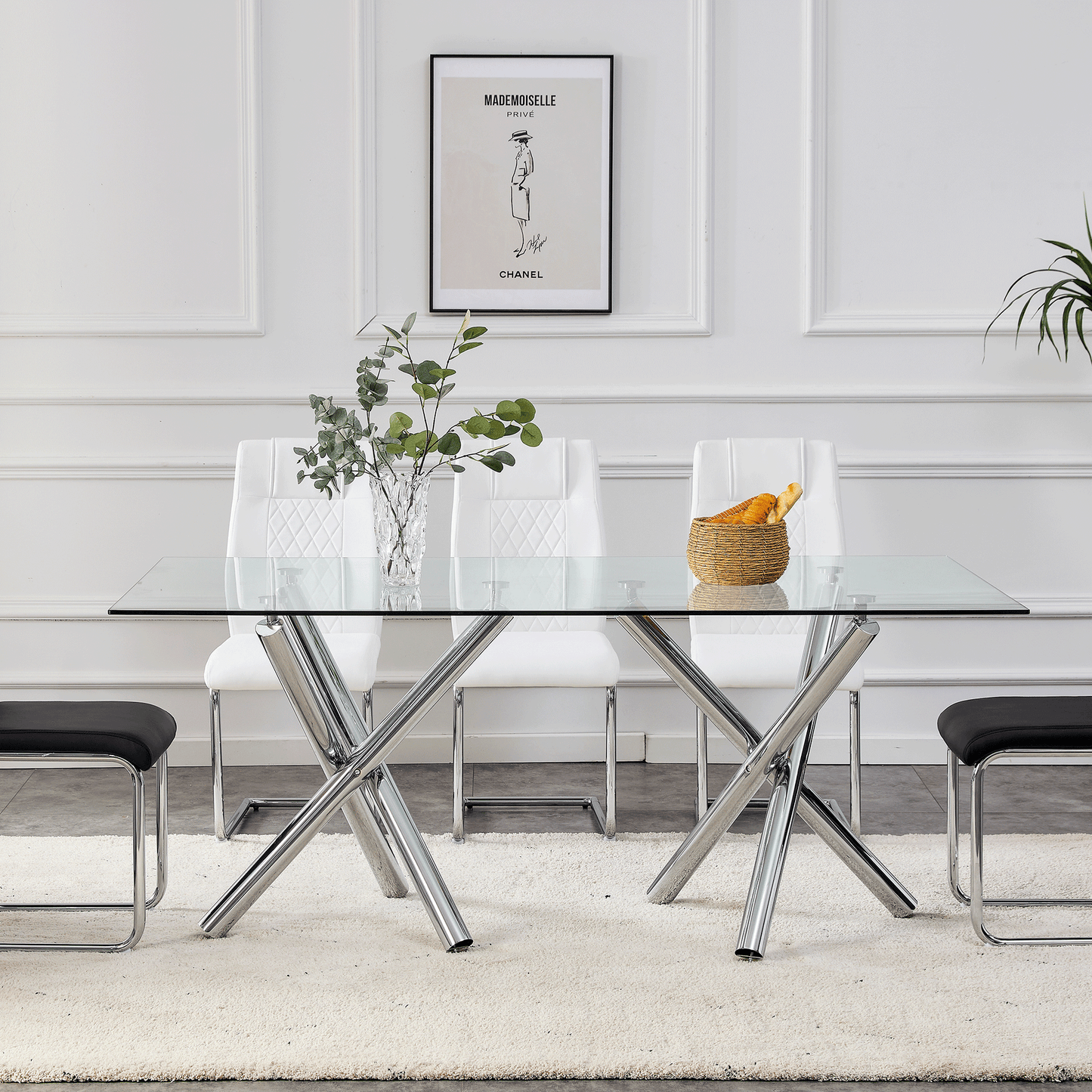 Mesa de comedor rectangular de vidrio grande, moderna y minimalista, con capacidad para 6 a 8 personas, perfecta para comedores contemporáneos