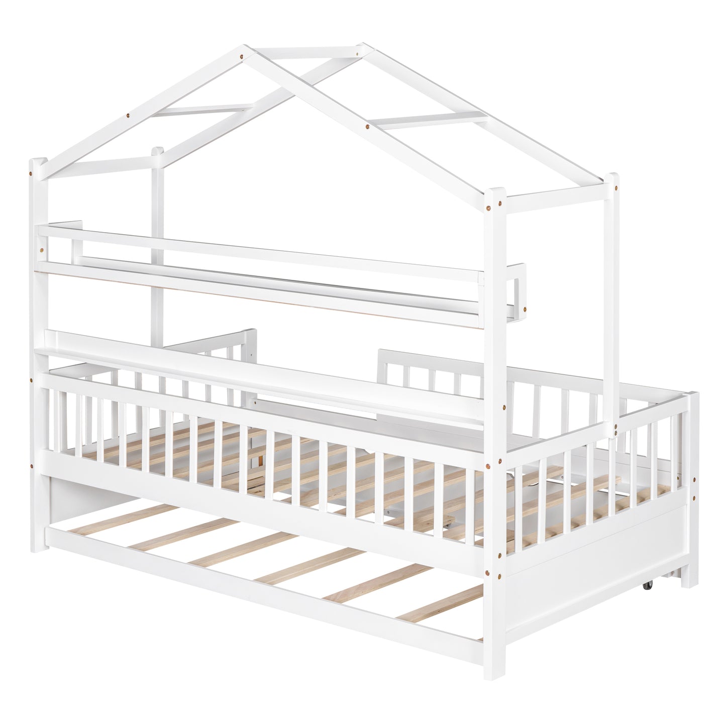 Wooden Twin Size House Bed with Trundle Kids Bed with Shelf White