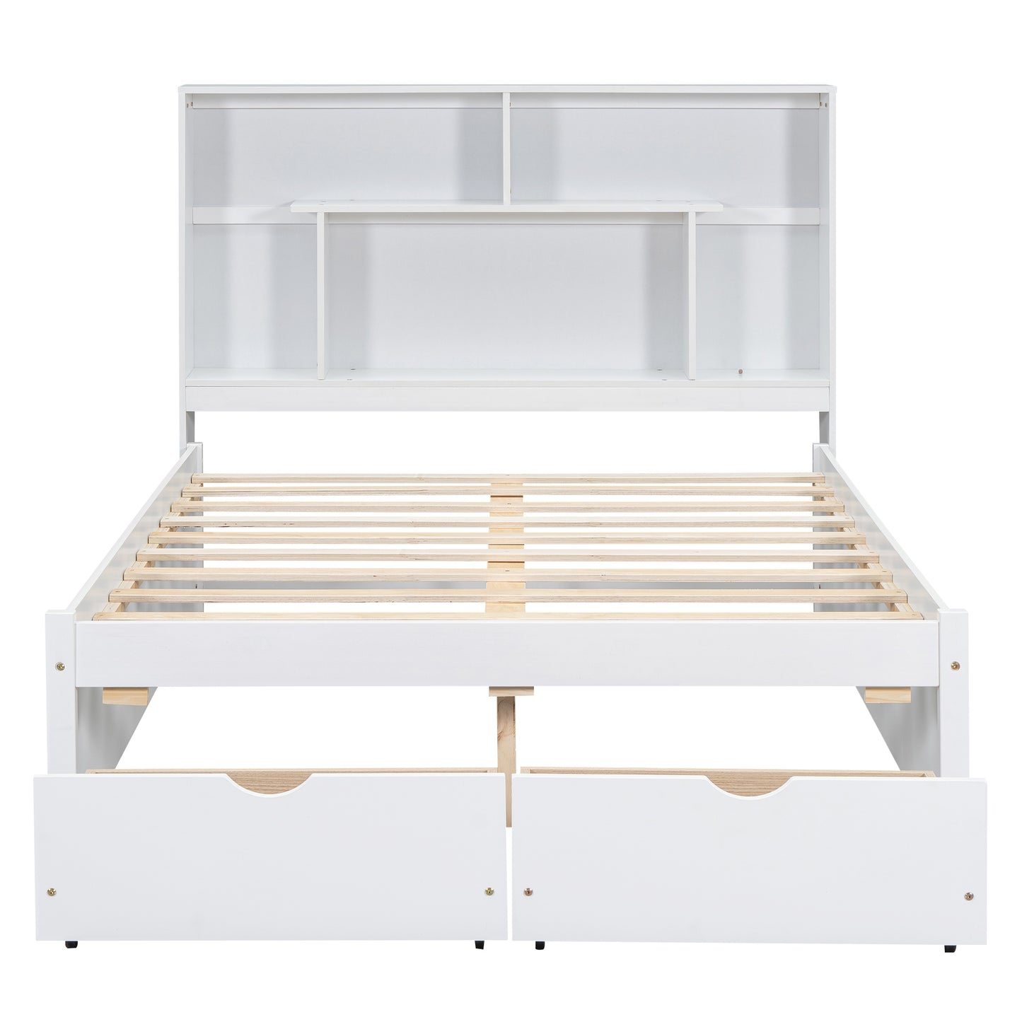 Full Size Platform Bed with Storage Headboard and 2 Drawers, White