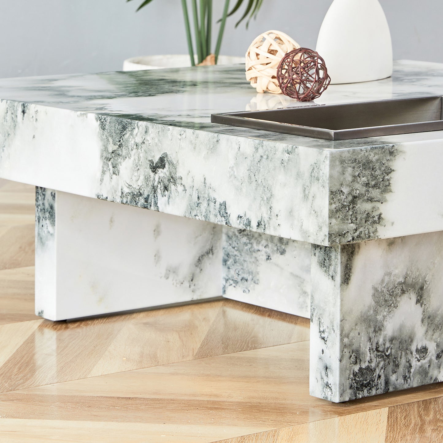 A modern and practical coffee table black and white in imitation marble pattern made of MDF material