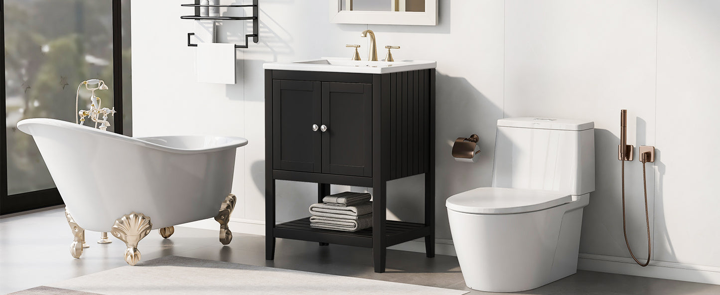 Black Modern Sleek Bathroom Vanity Elegant Ceramic Sink with Solid Wood Frame Open Style Shelf