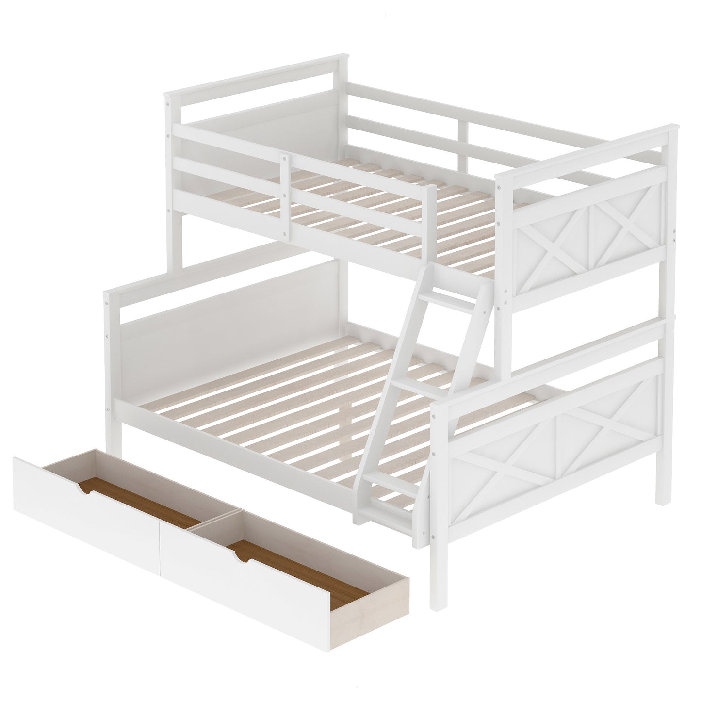 Twin over Full Bunk Bed with Ladder, Two Storage Drawers, Safety Guardrail  White