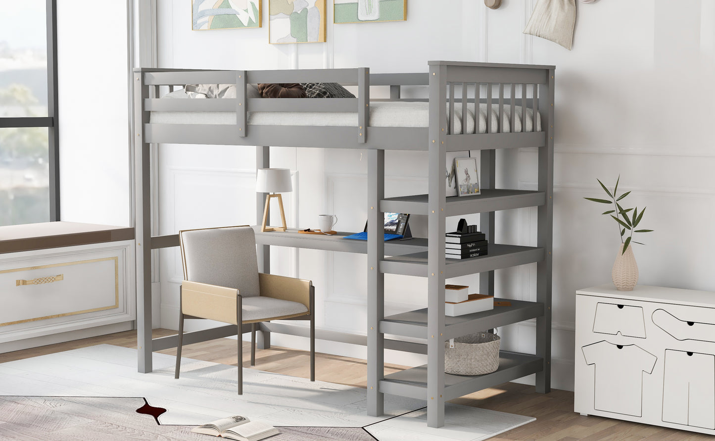 Twin Size Loft Bed with Storage Shelves and Under-bed Desk Gray