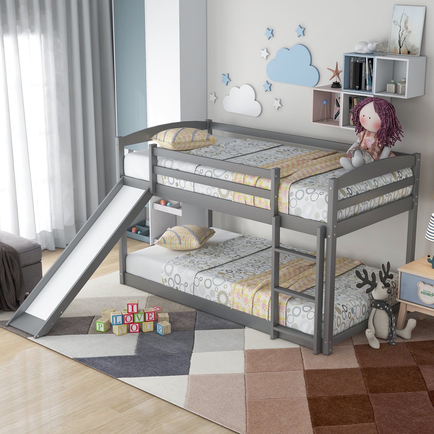 Twin over Twin Bunk Bed with Convertible Slide and Ladder Gray