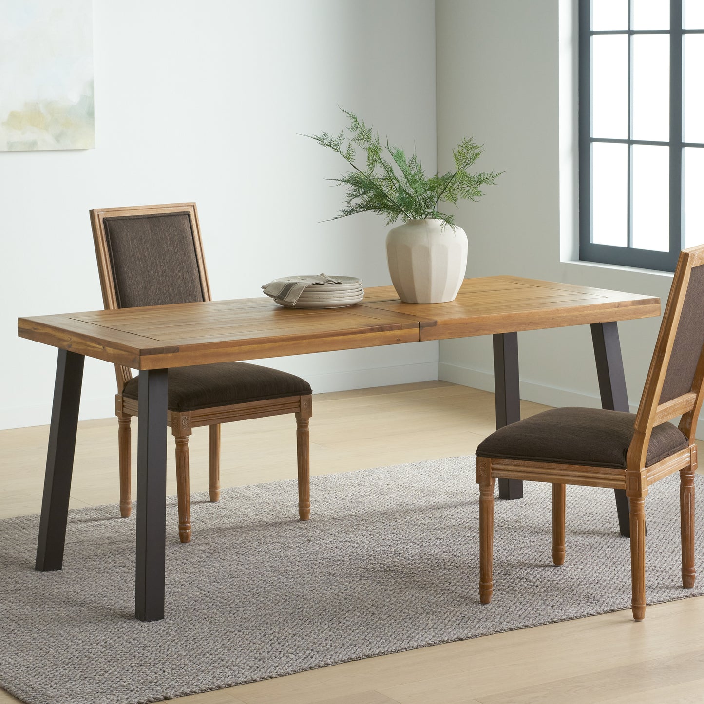 Della Acacia Wood Dining Table with Natural Stain and Rustic Metal Legs, Brown and Grey Finish