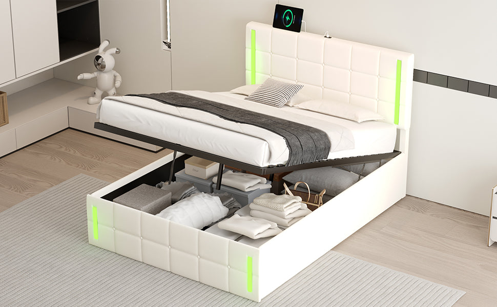 Cama tapizada de tamaño completo con luces LED, sistema de almacenamiento hidráulico y estación de carga USB, acabado blanco