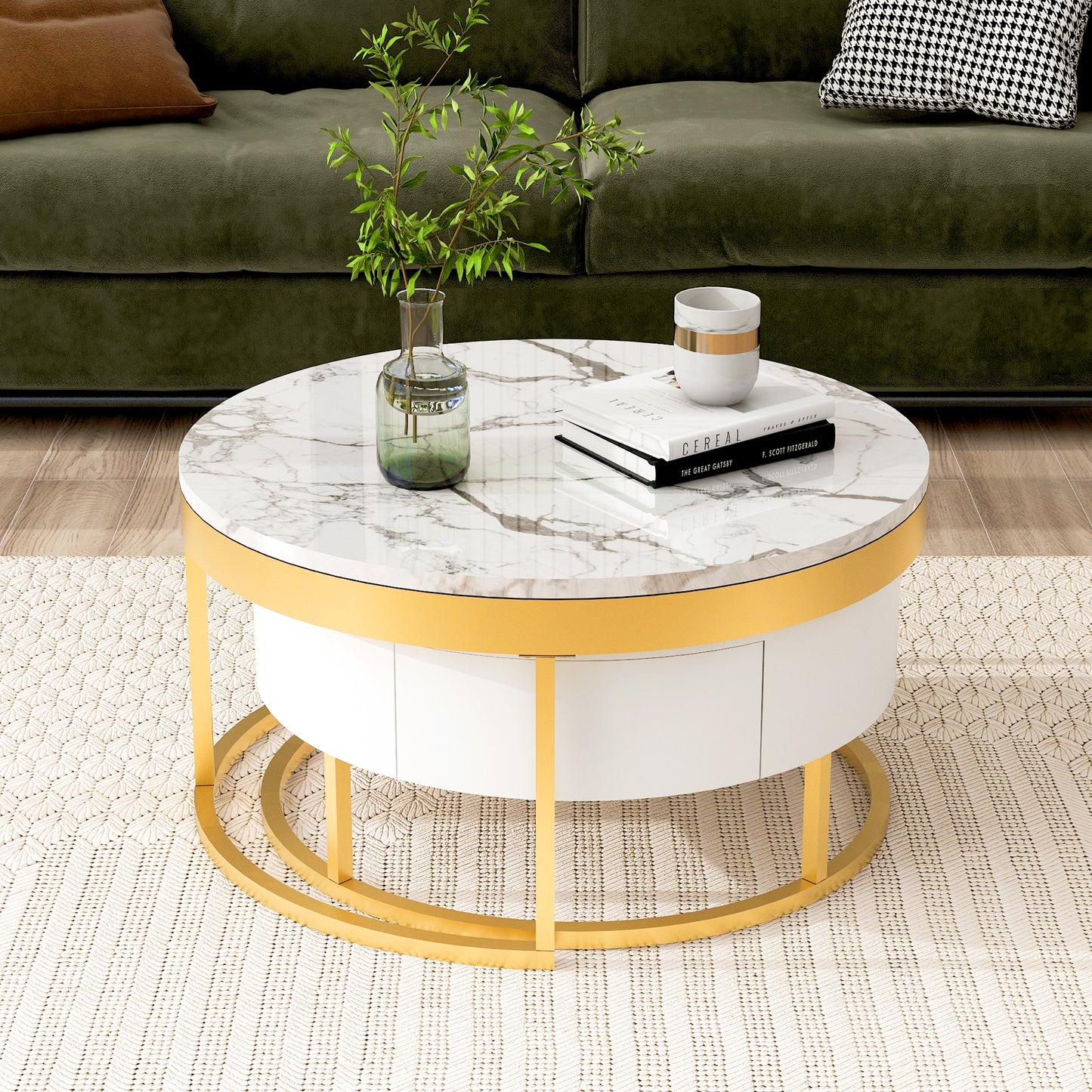 Modern Round Nesting Coffee Table with Drawers, White Finish for Living Rooms