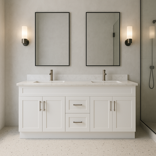 60-Inch Double Sink Shaker Bathroom Vanity — White or Gray | Plywood Cabinet, Solid-Wood Doors, Soft-Close 3-Way Clip-On Hinges | Center Drawers