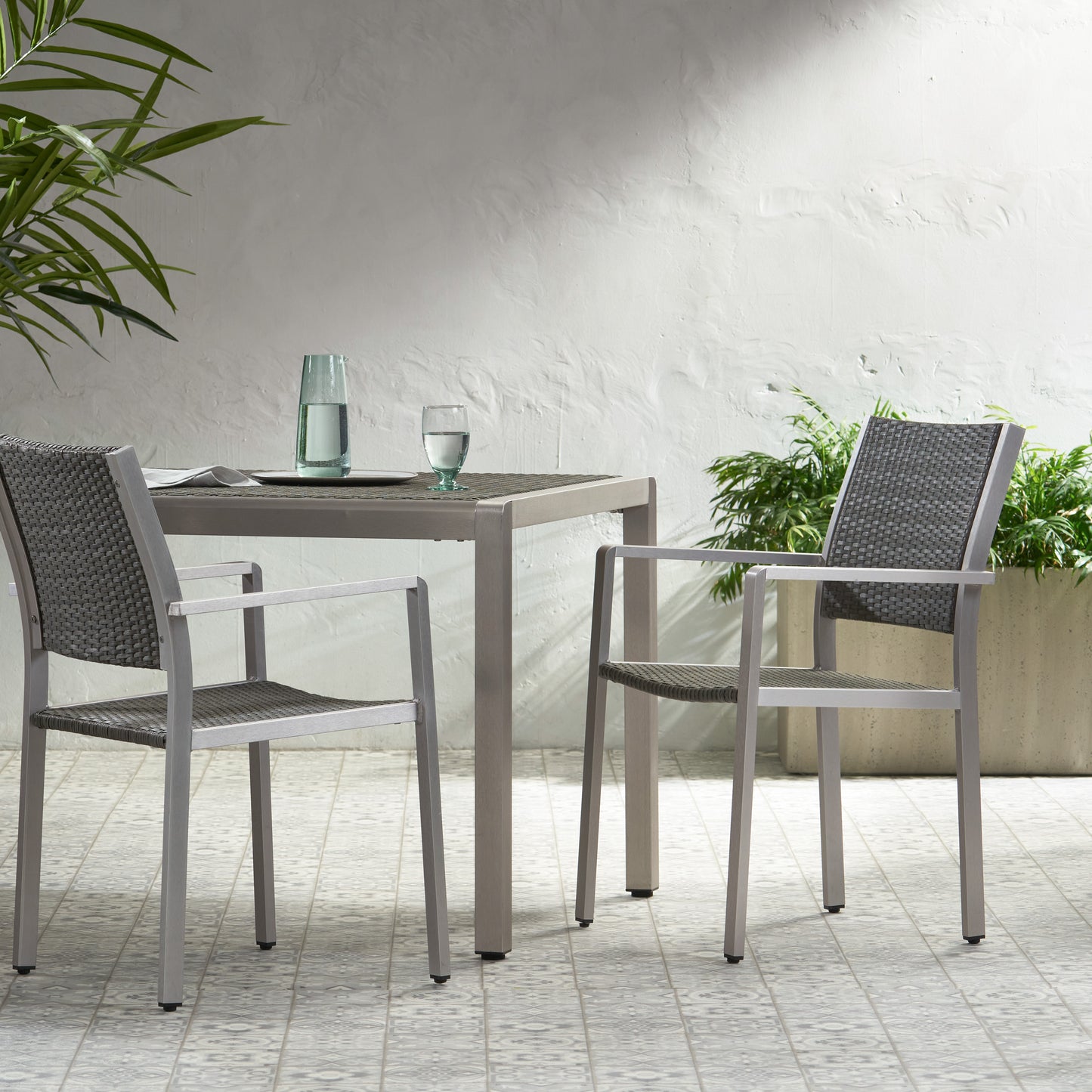 Cape Coral Outdoor Wicker Dining Chairs with Aluminum Frames, 2-Pcs Set, Grey