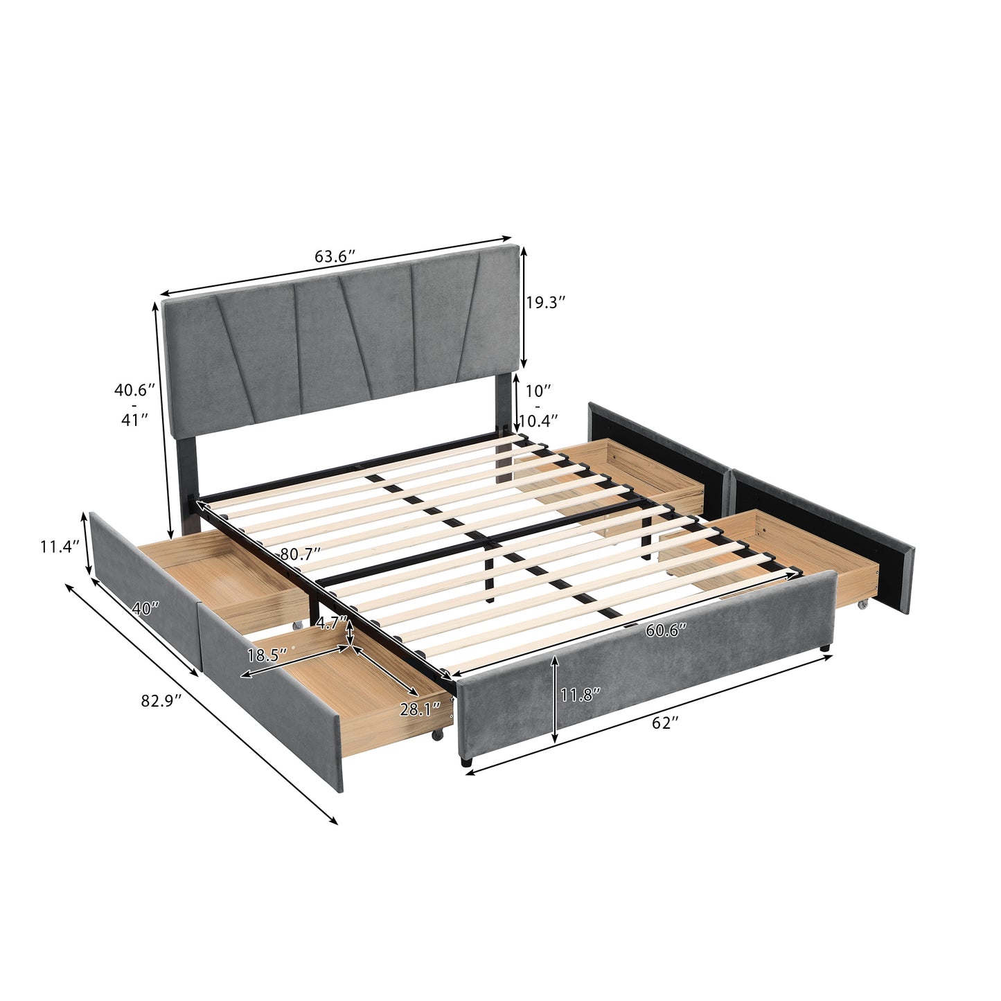 Queen Size Upholstery Platform Bed with Four Drawers on Two Sides  Adjustable Headboard  Grey