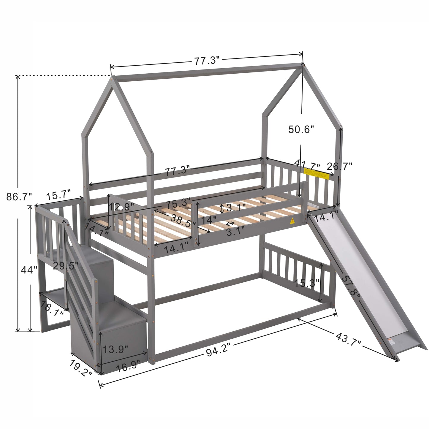 Litera doble sobre cama doble con tobogán convertible y escalera de almacenamiento, acabado gris