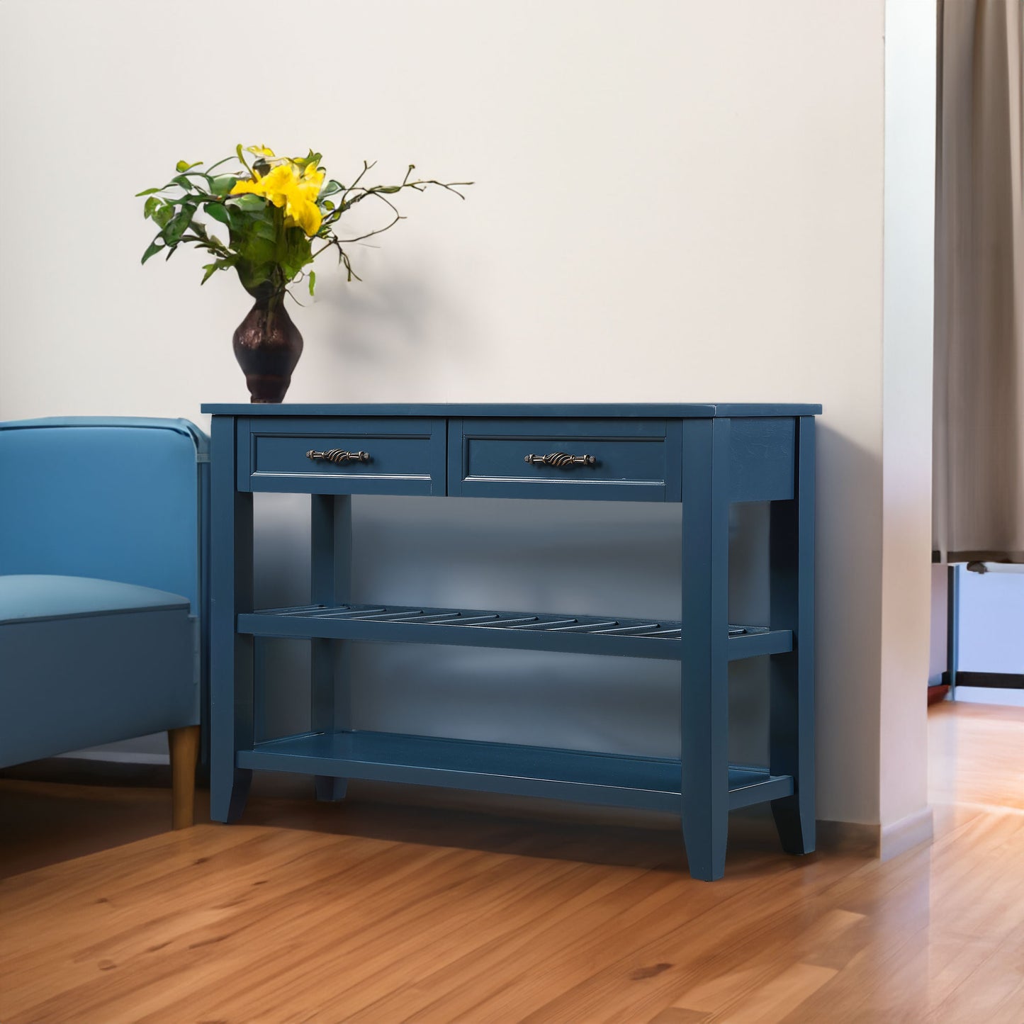 Console Sofa Table with 2 Storage Drawers and 2 Tiers Shelves Mid-Century Style 42'' Solid Wood Buffet Sideboard Navy Blue