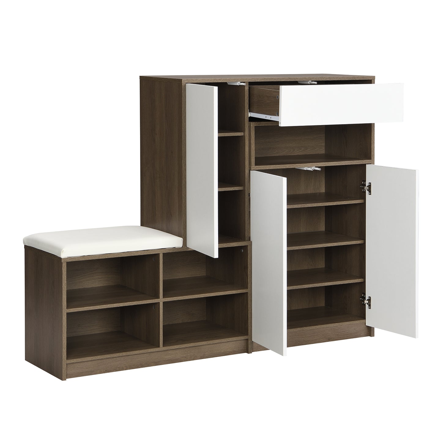 ON-TRANS 2-in-1 Shoe Storage Platform and Cabinet with Soft Cushioned Seats and Adjustable Shelves, White