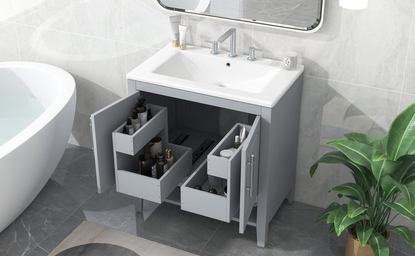 Bathroom Vanity with Sink, Multi-functional Bathroom Cabinet with Doors and Drawers, Solid Frame and MDF Board, Grey