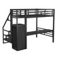 Full Size Metal Loft Bed with Desk, Storage Staircase and Small Wardrobe, Storage stairs can be installed left and right,Black