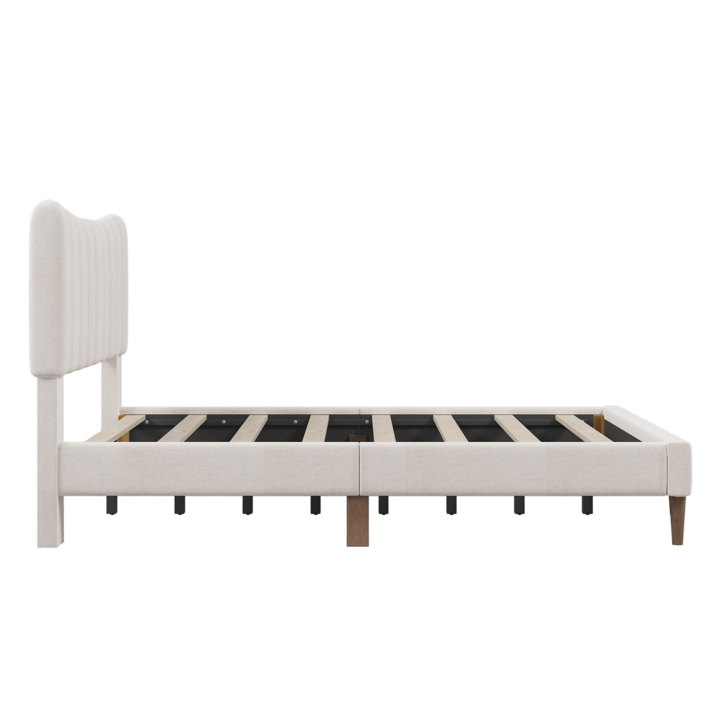 Upholstered Platform Bed Frame with Vertical Channel Tufted Headboard No Box Spring Needed  Full Cream