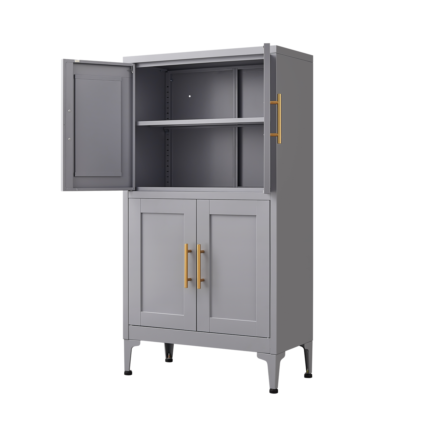 Grey Metal Kitchen Storage Cabinet with Adjustable Shelves and Leveling Feet