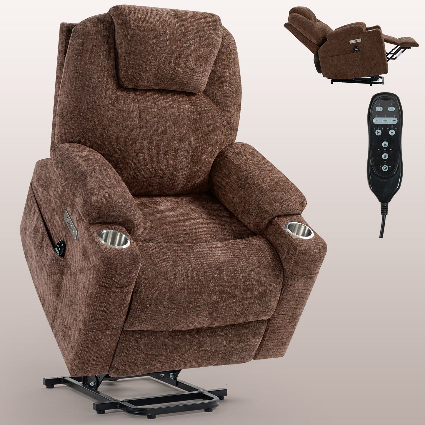 Okin motor Up to 350 LBS Chenille Power Lift Recliner Chair Brown